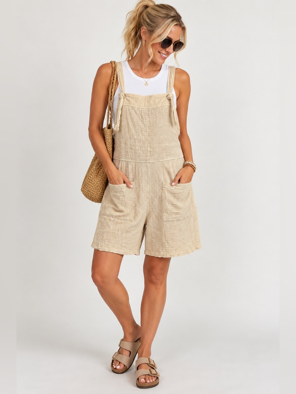Zenana 100% Cotton Gauze Overall Romper Beige Boho Utility Pockets Size L